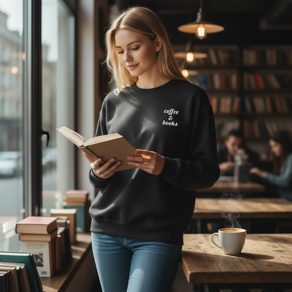 Coffee & Books Embroidered Sweatshirt | White Threads