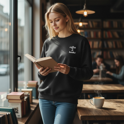 Coffee & Books Embroidered Sweatshirt | White Threads