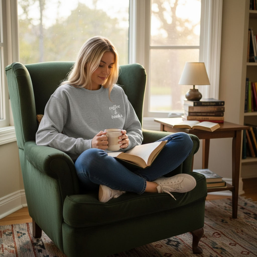Coffee & Books Embroidered Sweatshirt | White Threads