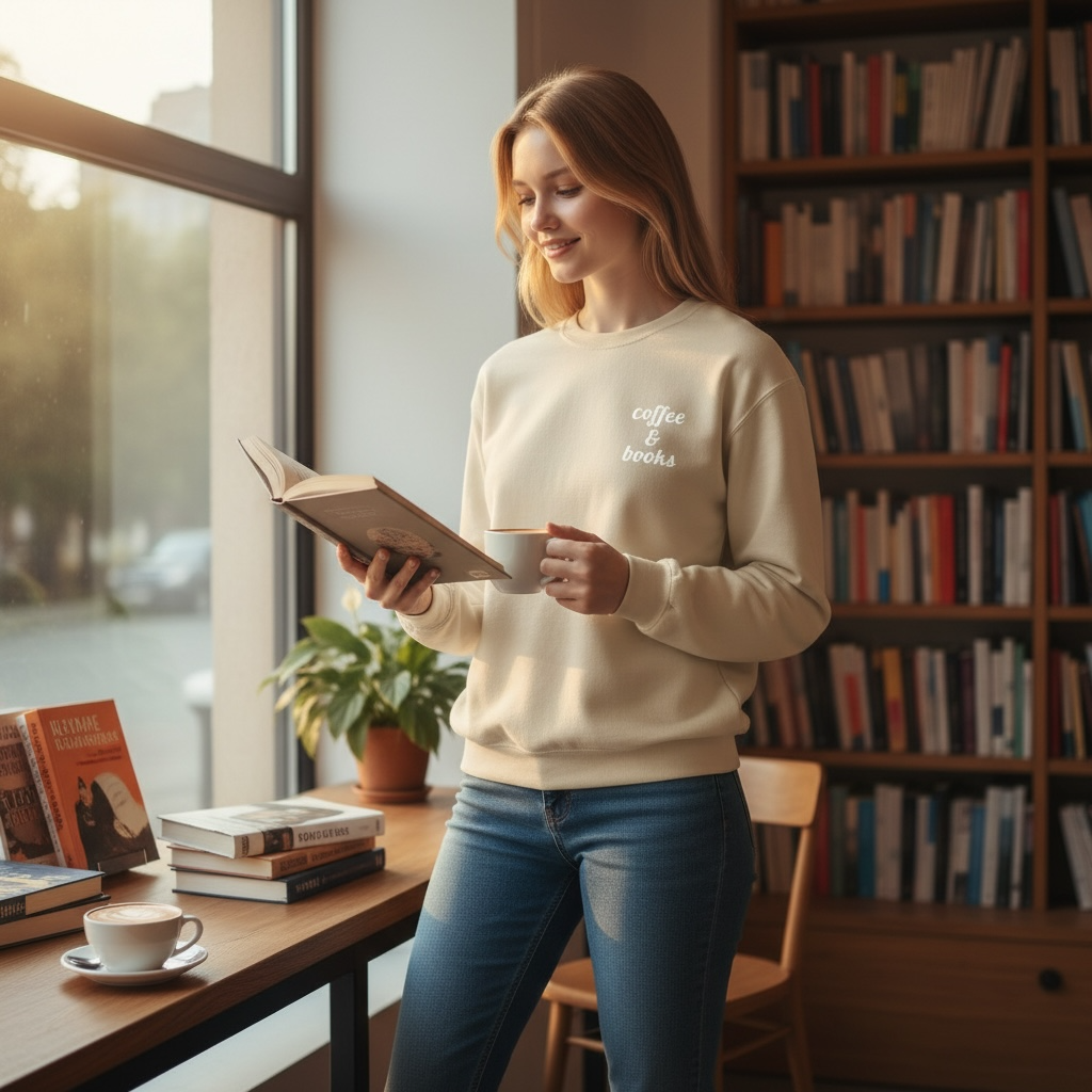Coffee & Books Embroidered Sweatshirt | White Threads