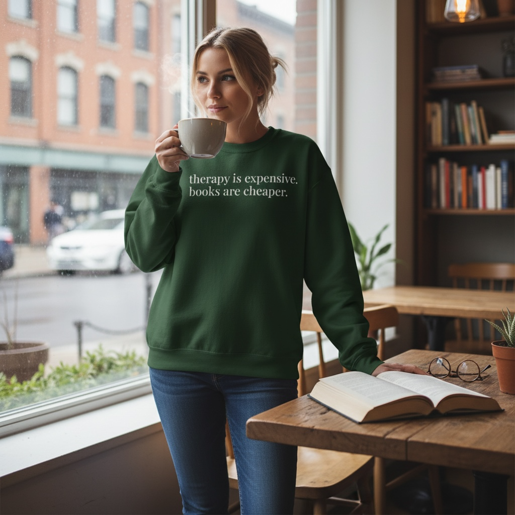 therapy is expensive. books are cheaper. | unhinged reader crewneck