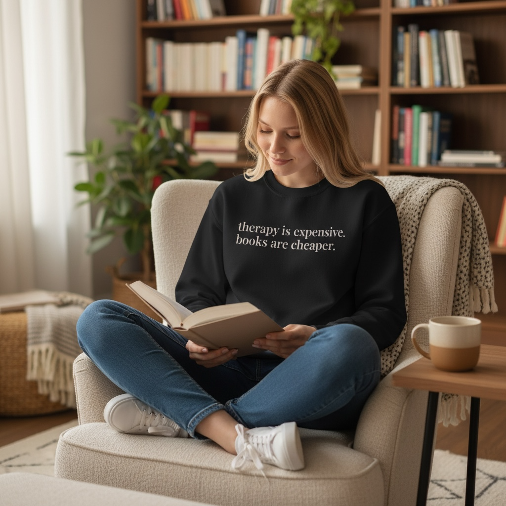 therapy is expensive. books are cheaper. | unhinged reader crewneck