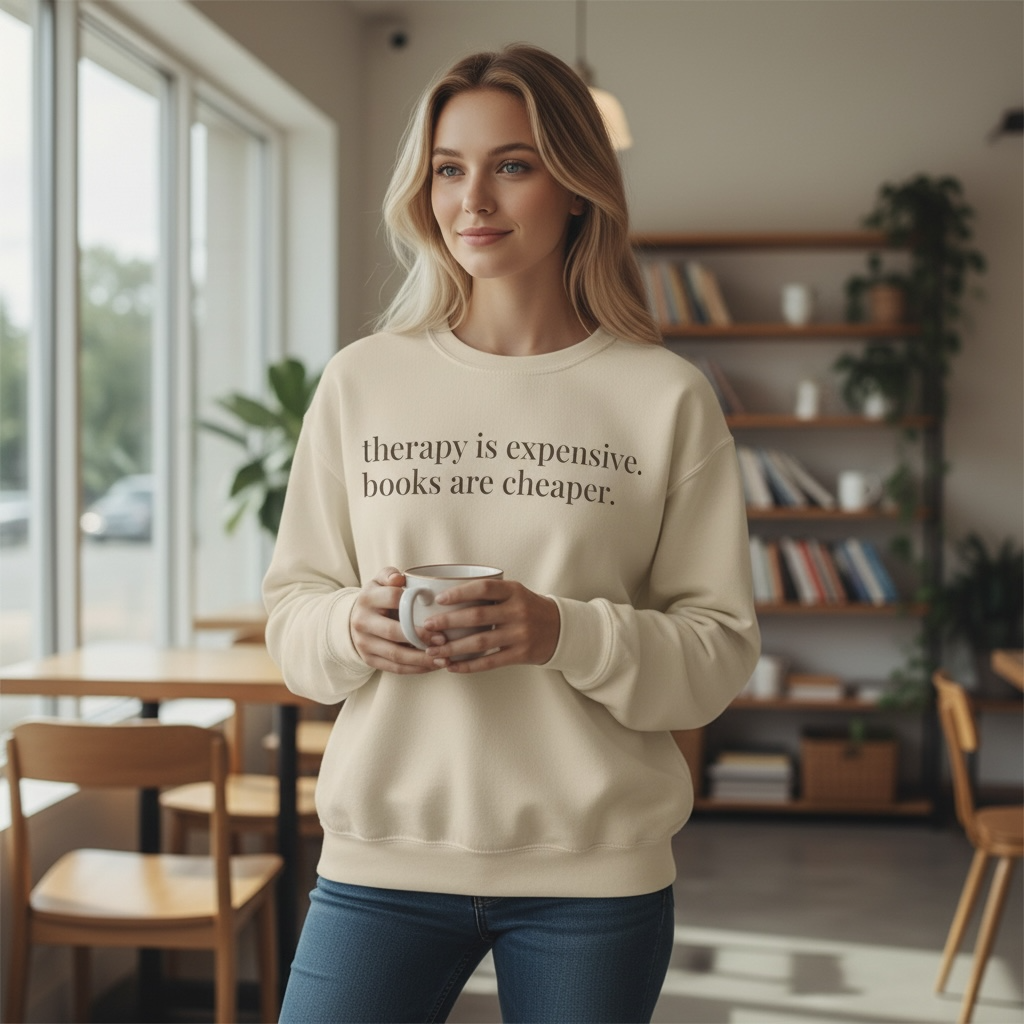 therapy is expensive. books are cheaper. | unhinged reader crewneck