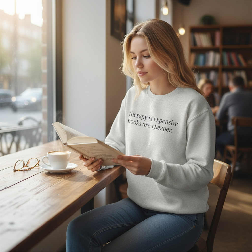therapy is expensive. books are cheaper. | unhinged reader crewneck