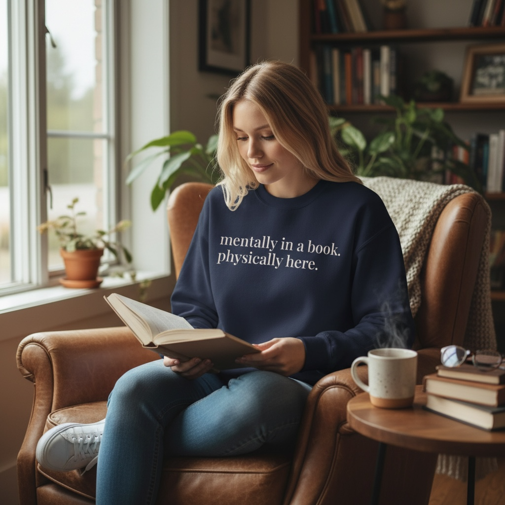 mentally in a book. physically here. | reader core crewneck