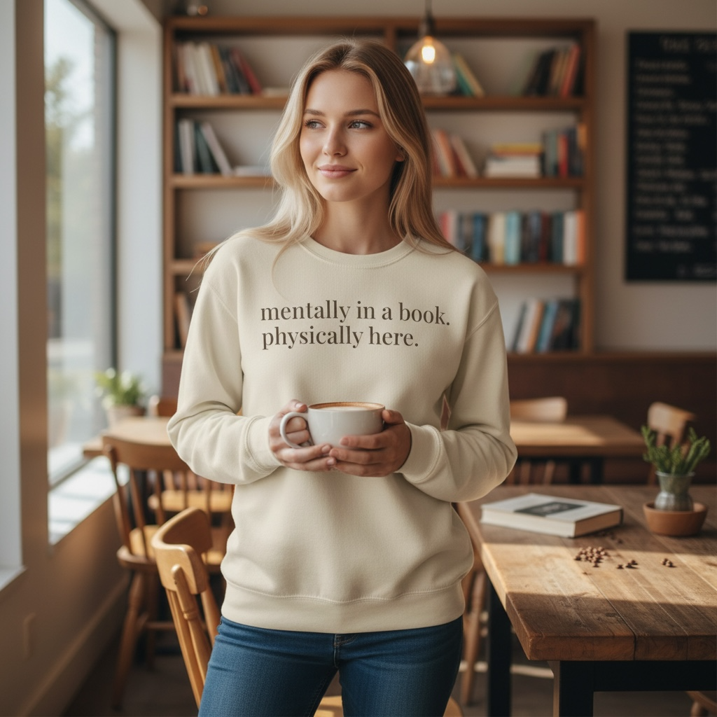 mentally in a book. physically here. | reader core crewneck