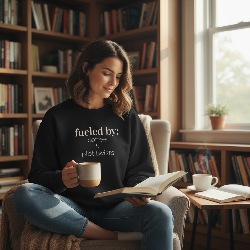 fueled by coffee & plot twists | reader core crewneck