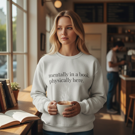mentally in a book. physically here. | reader core crewneck