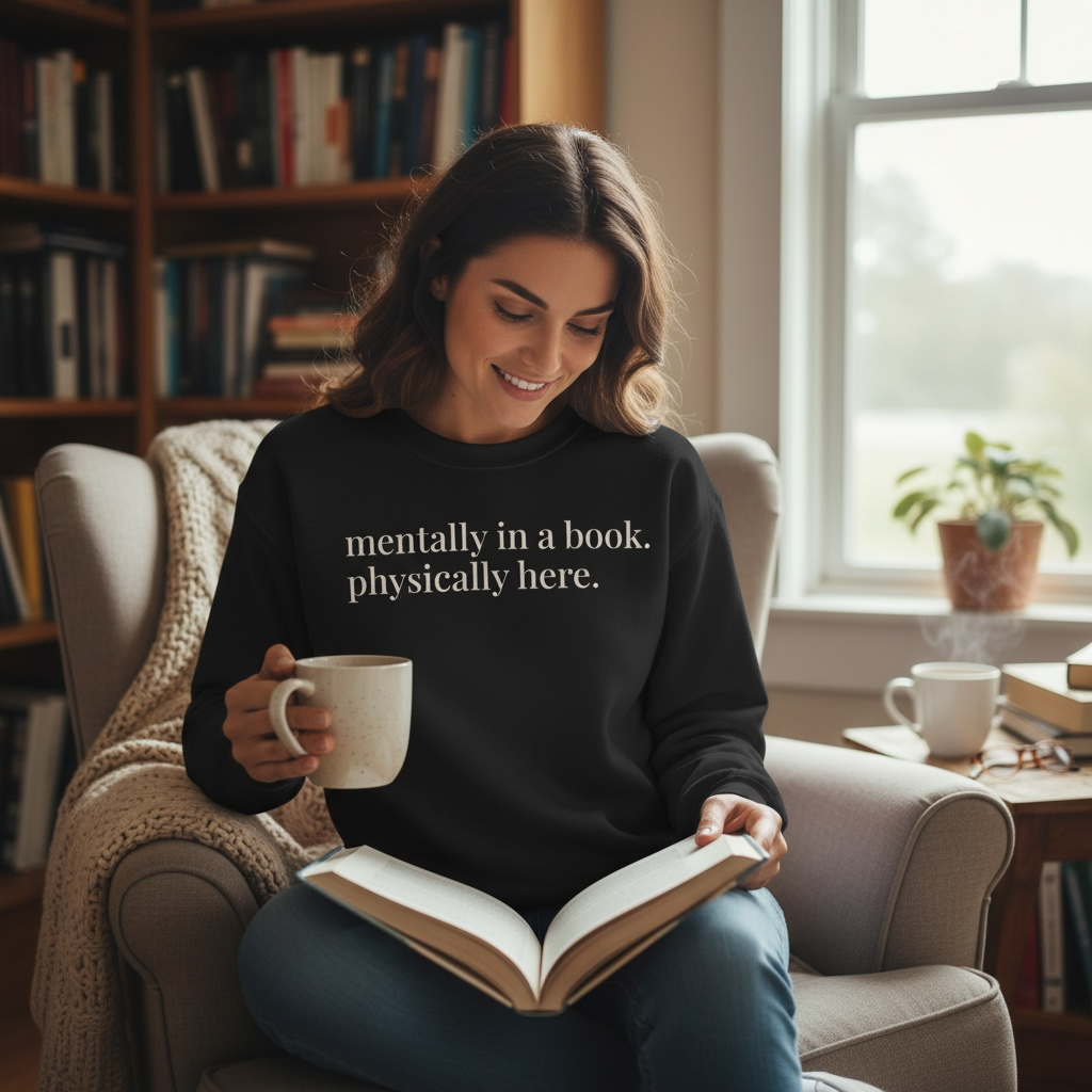mentally in a book. physically here. | reader core crewneck