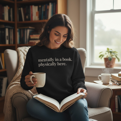 mentally in a book. physically here. | reader core crewneck