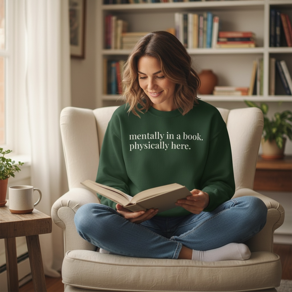 mentally in a book. physically here. | reader core crewneck